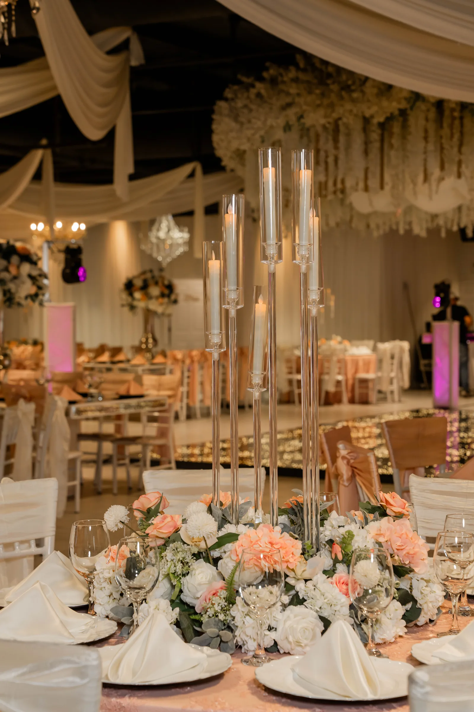 Banquet tables and decor at La Bella Luna Venue